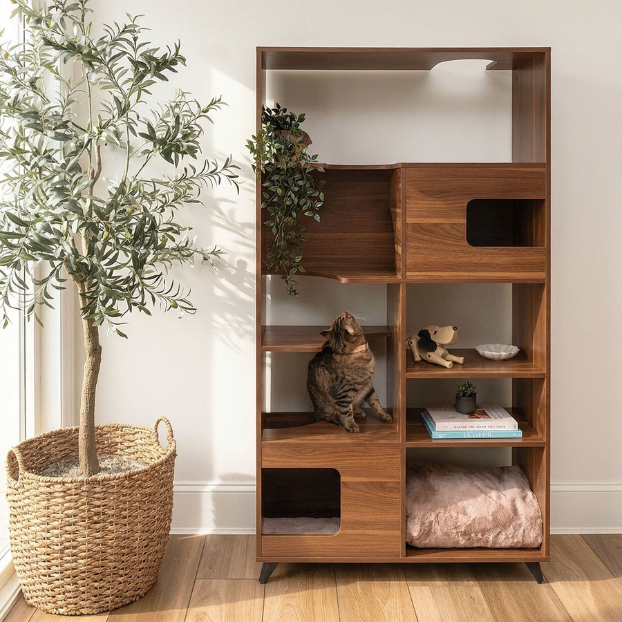 Clifford Cat Tree Bookshelf WALNUT lifestyle with cat
