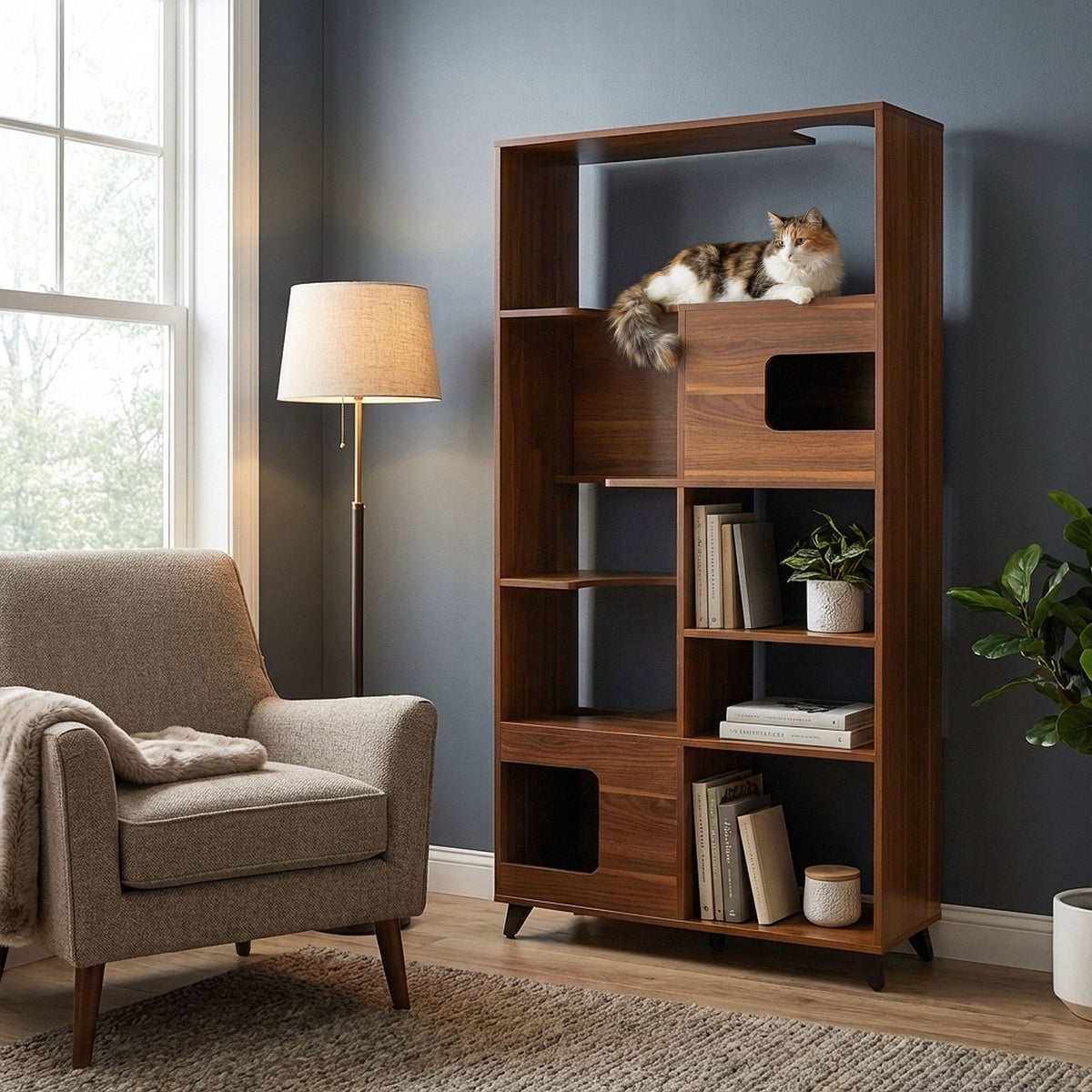 Clifford Cat Tree Bookshelf WALNUT dark interior lifestyle