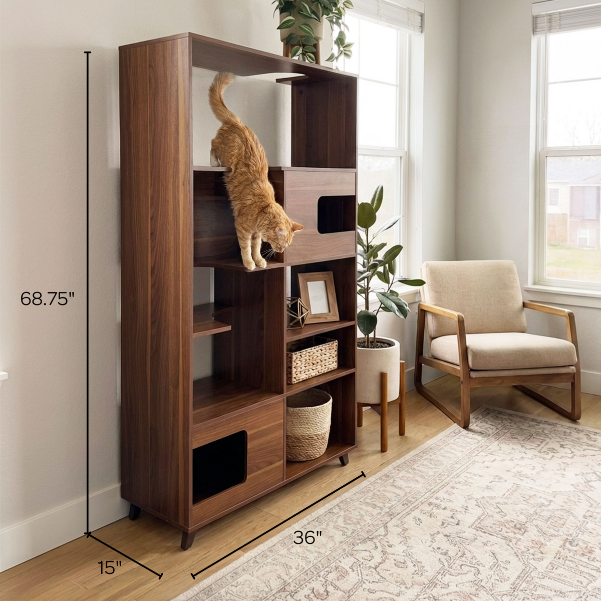 Clifford Cat Tree Bookshelf WALNUT dimensions 36 x 15 x 68.75 inches