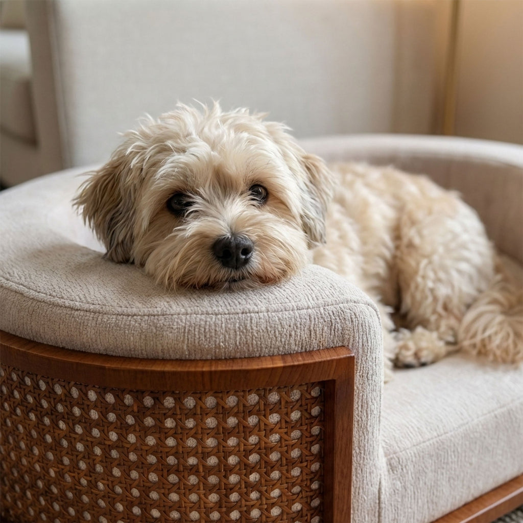 Gracie Rattan Pet Bed クッションとラタンのディテール