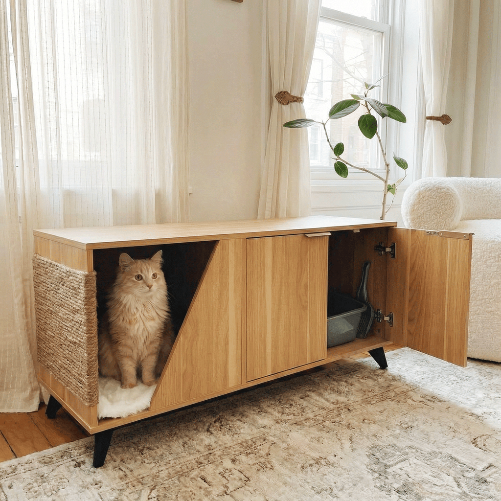 Jessie Litter Cabinet Oak with cat