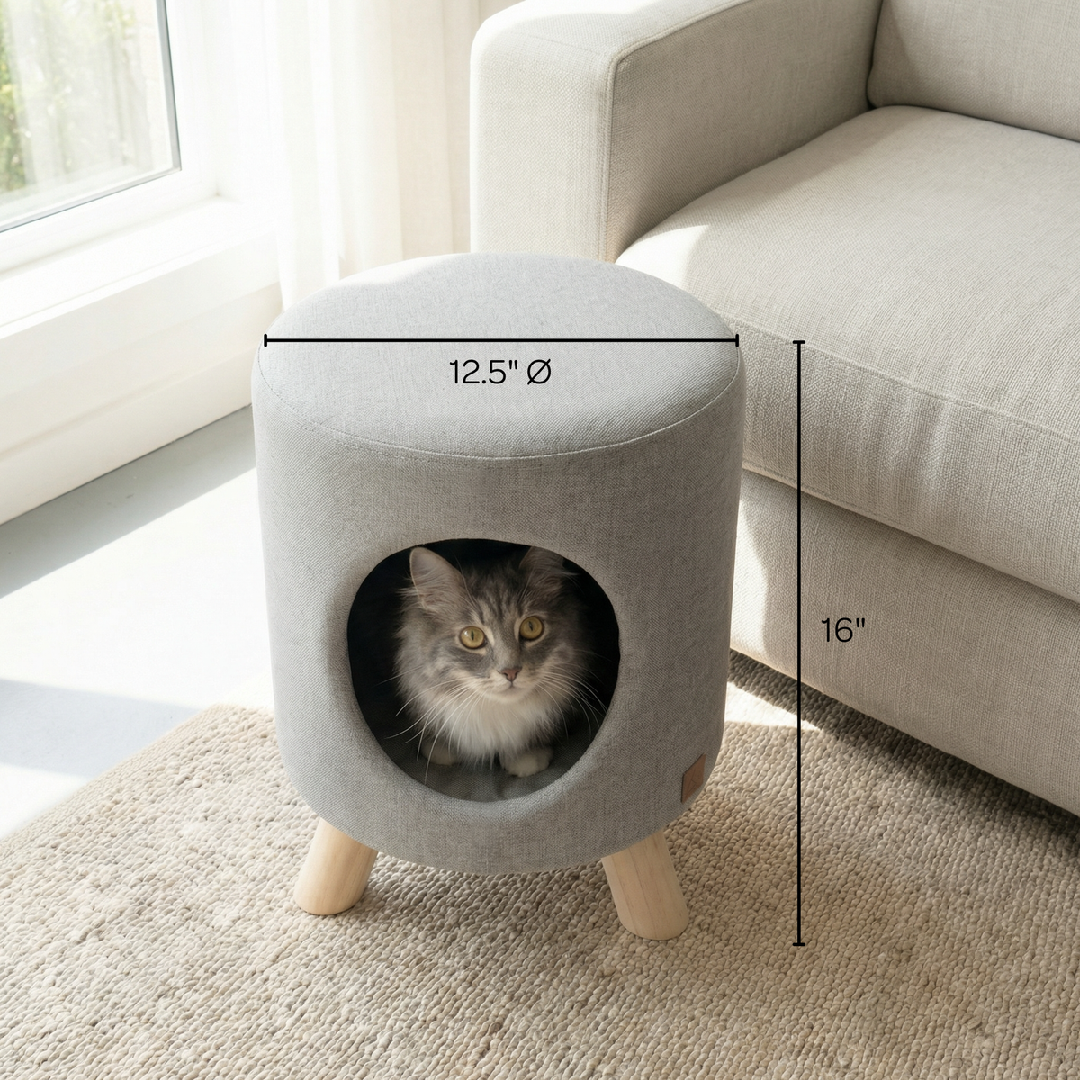 Wallie Pet Stool ライトグレー サイズ・猫使用イメージ
